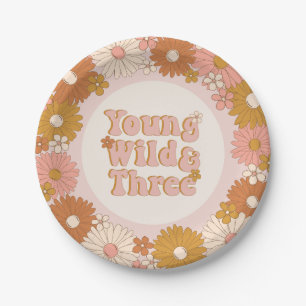 Young Wild and Three Retro Daisy 3rd Birthday Paper Plates