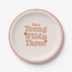 Young Wild and Three Retro Daisy 3rd Birthday Paper Plates