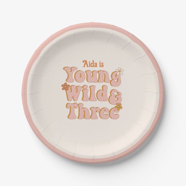 Young Wild and Three Retro Daisy 3rd Birthday Paper Plates (Front)