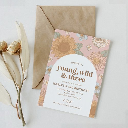 Young Wild and Three Retro Floral 3rd Birthday Invitation