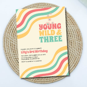 Young Wild And Three Retro Groovy 3rd Birthday Invitation