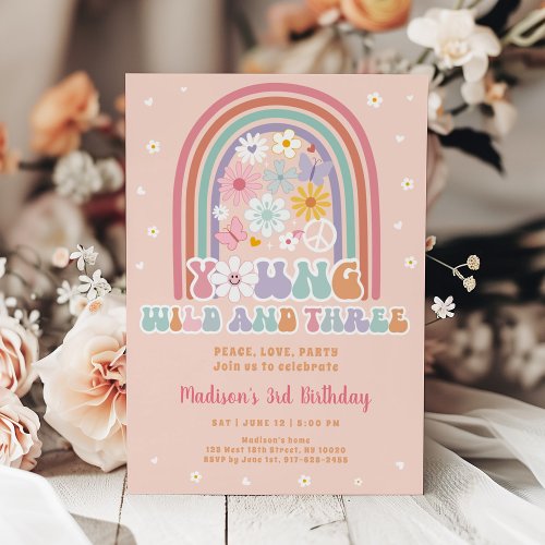 Young Wild and Three Retro Groovy Flower Birthday Invitation