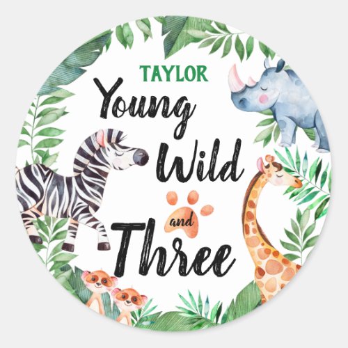 Young Wild and Three Safari Animal 3rd Birthday Classic Round Sticker