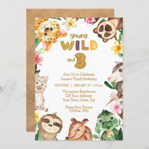 Young Wild and Three Safari Animal 3rd Birthday Invitation