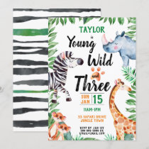 Young Wild and Three Safari Animal 3rd Birthday Invitation