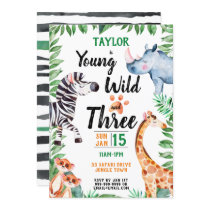 Young Wild and Three Safari Animal 3rd Birthday Invitation