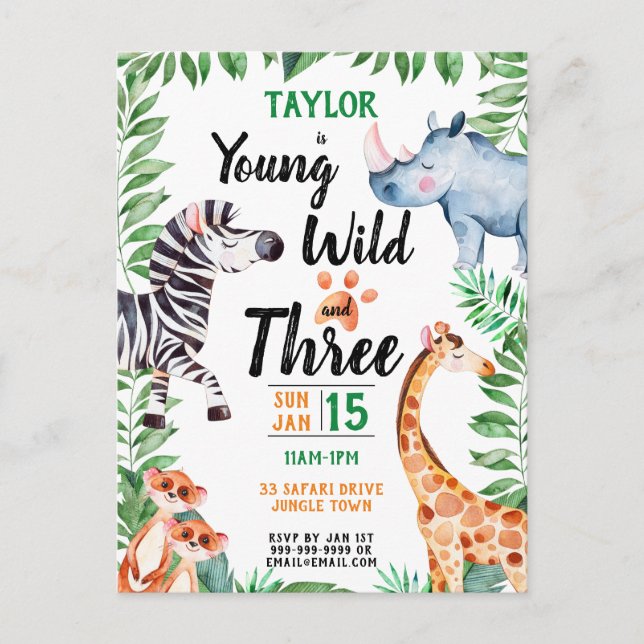 Young Wild and Three Safari Animal 3rd Birthday Invitation Postcard (Front)