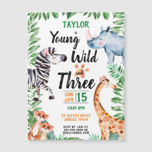 Young Wild and Three Safari Animal 3rd Birthday Magnetic Invitation