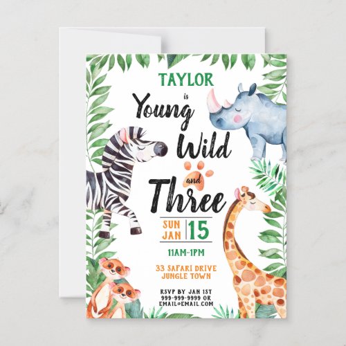 Young Wild and Three Safari Animal 3rd Birthday Magnetic Invitation