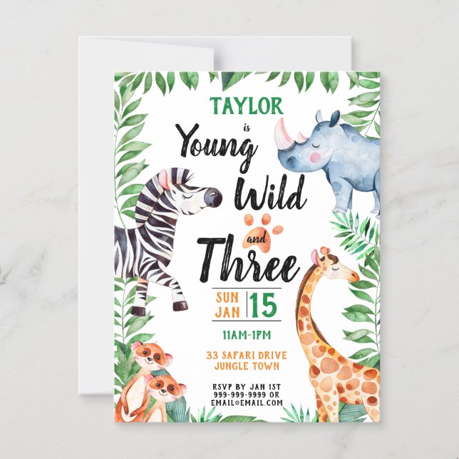 Young Wild and Three Safari Animal 3rd Birthday Magnetic Invitation (Front)