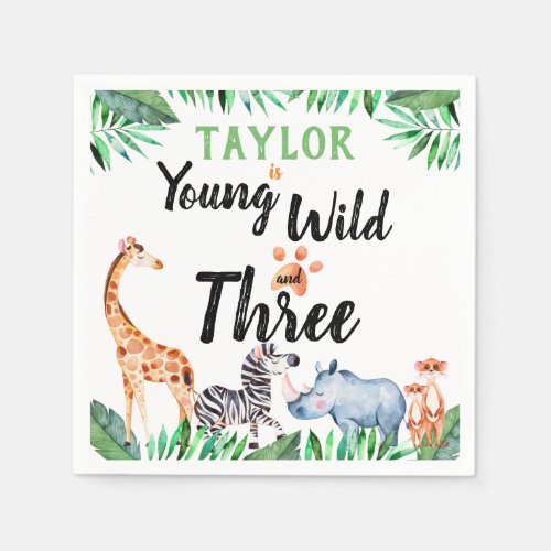 Young Wild and Three Safari Animal 3rd Birthday Napkins
