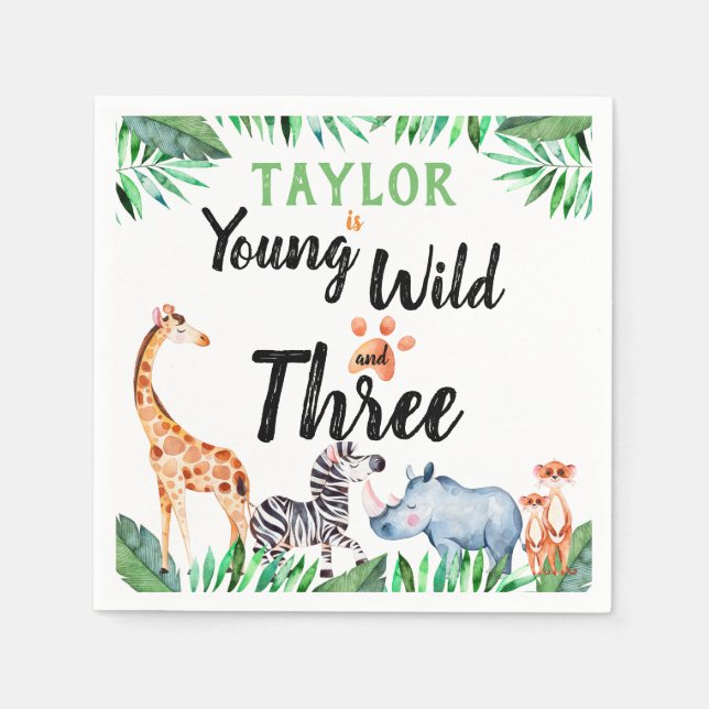 Young Wild and Three Safari Animal 3rd Birthday Napkins (Front)