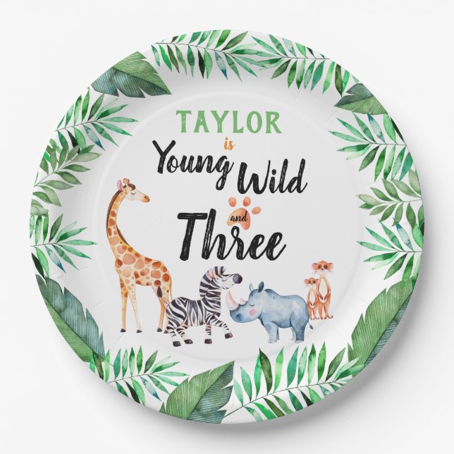 Young Wild and Three Safari Animal 3rd Birthday Paper Plates (Front)