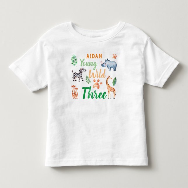 Young Wild and Three Safari Animal Birthday Toddler T-shirt (Front)