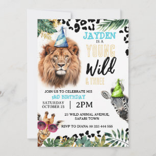 Young Wild and Three Safari Animals 3rd Birthday Invitation