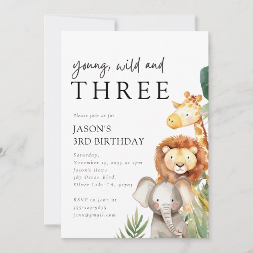 Young Wild and Three Safari Animals 3rd Birthday Invitation