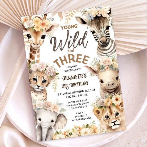 Young Wild and Three Safari Animals 3rd Birthday Invitation