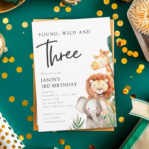 Young Wild and Three Safari Animals 3rd Birthday Invitation