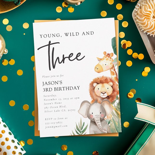 Young Wild and Three Safari Animals 3rd Birthday Invitation (Creator Uploaded)