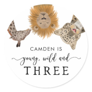 Young Wild and Three Safari Animals Birthday Party Classic Round Sticker