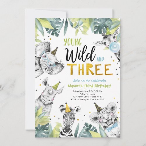 Young Wild and Three Safari Animals Boy Birthday Invitation