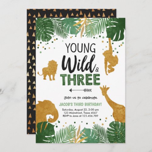 Young Wild and Three Safari Animals Boy Birthday Invitation