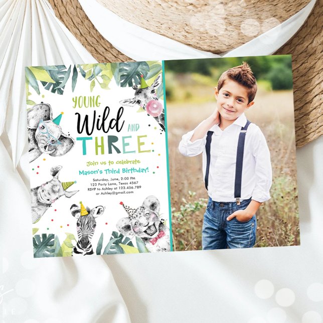 Young Wild and Three Safari Animals Boy Birthday Invitation (Creator Uploaded)