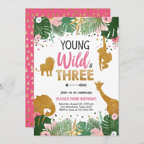 Young Wild and Three Safari Animals Girl Birthday Invitation