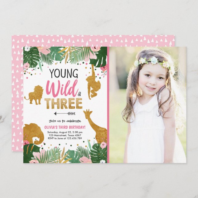 Young Wild and Three Safari Animals Girl Birthday Invitation (Front/Back)