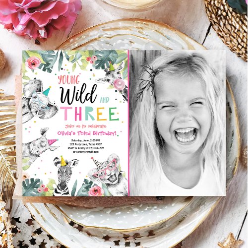 Young Wild and Three Safari Animals Girl Birthday Invitation