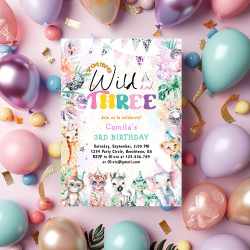 Young Wild and Three Safari Animals Girl Birthday Invitation