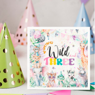 Young Wild and Three Safari Animals Girl Birthday Napkins