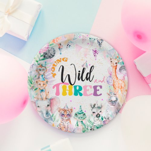 Young Wild and Three Safari Animals Girl Birthday Paper Plates