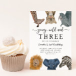 Young Wild and Three Safari Birthday Party Invitat Invitation<br><div class="desc">Cute and fun kid's safari animals theme 3rd birthday party invitation featuring illustration of safari animals of giraffe,  snow leopard,  rhino,  lion,  elephant,  and zebra. The text says "young,  wild and three." Perfect for a boy's birthday party.</div>