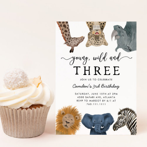Young Wild and Three Safari Birthday Party Invitat Invitation