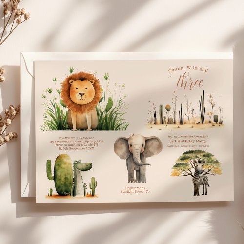 Young Wild and Three Safari Birthday Party Invitation