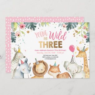 Young Wild and Three Safari Girl Animals Birthday Invitation