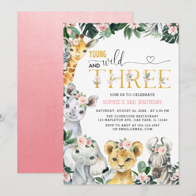 Young Wild And Three Safari Jungle Animal Birthday Invitation (Front/Back)