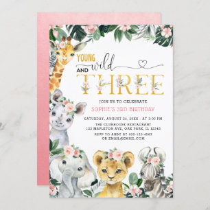 Young Wild And Three Safari Jungle Animal Birthday Invitation