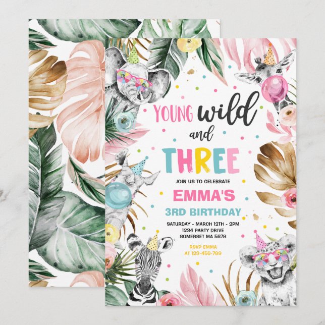 Young Wild And Three Safari Jungle Animals Party Invitation (Front/Back)