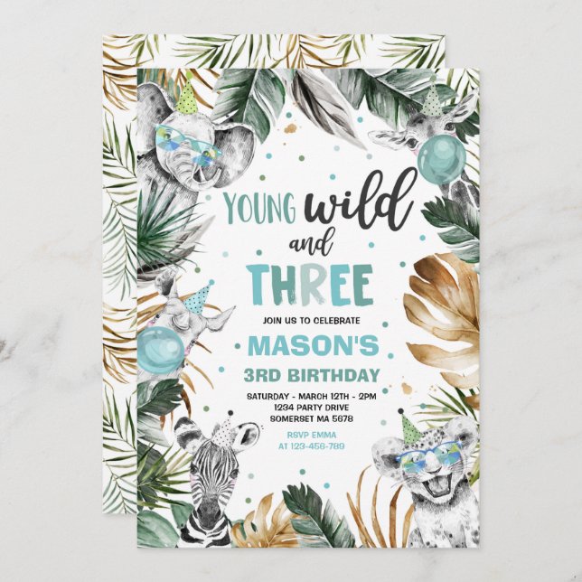 Young Wild And Three Safari Jungle Animals Party Invitation (Front/Back)