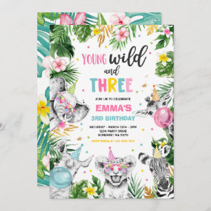 Young Wild And Three Safari Jungle Animals Party Invitation