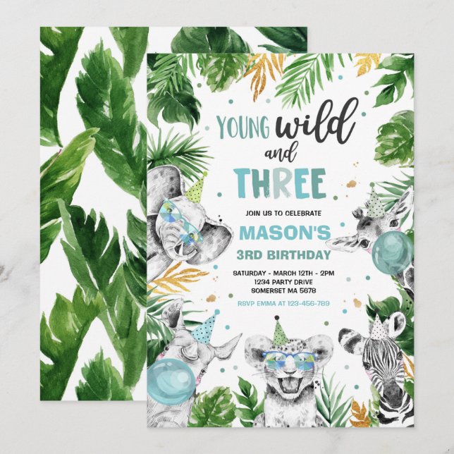 Young Wild And Three Safari Jungle Animals Party Invitation (Front/Back)