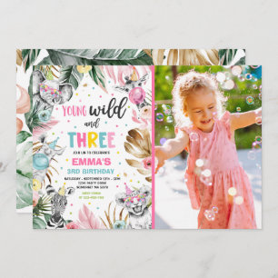 Young Wild And Three Safari Jungle Animals Party Invitation