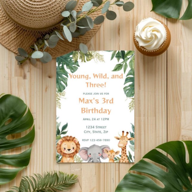 Young Wild and Three Safari Jungle Birthday Invitation (Creator Uploaded)