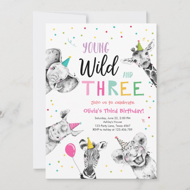 Young Wild and Three Safari Party Animals Birthday Invitation (Front)