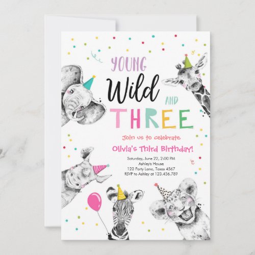 Young Wild and Three Safari Party Animals Birthday Invitation