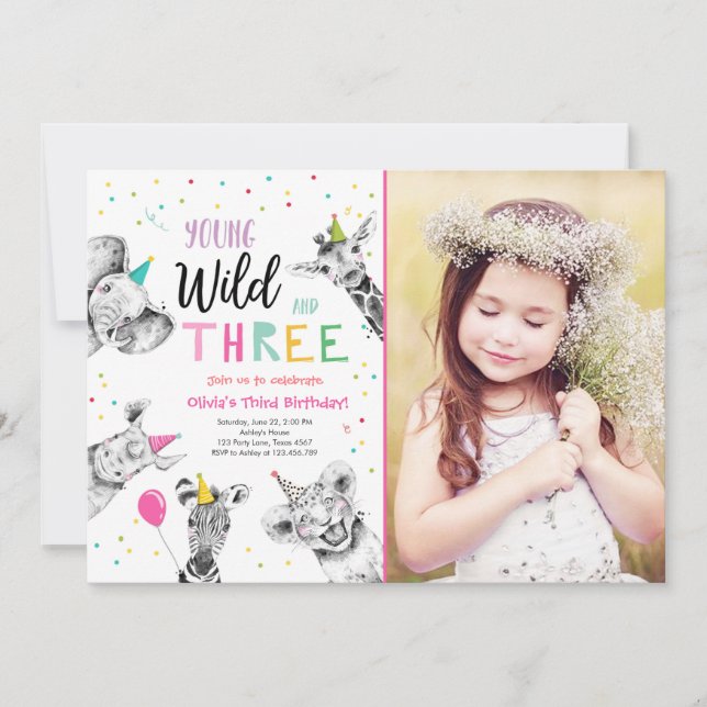 Young Wild and Three Safari Party Animals Birthday Invitation (Front)