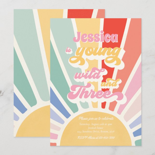 Young Wild And Three Sunshine 3rd Rainbow Birthday Invitation (Front/Back)