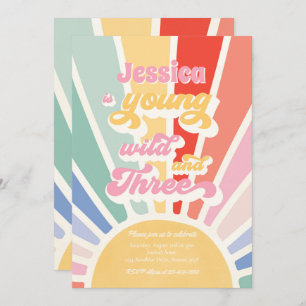 Young Wild And Three Sunshine 3rd Rainbow Birthday Invitation